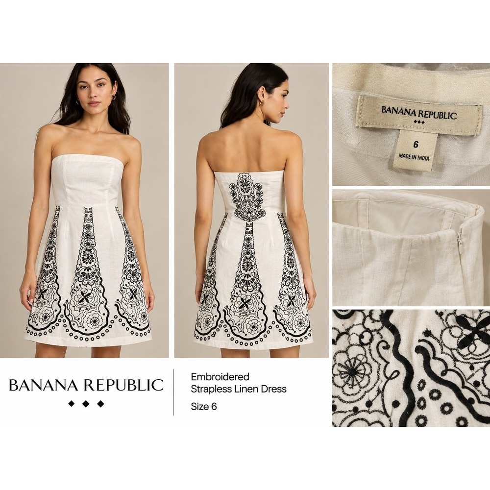 Banana Republic White Black Embroidered Strapless Linen Blend Mini Dress Size 6